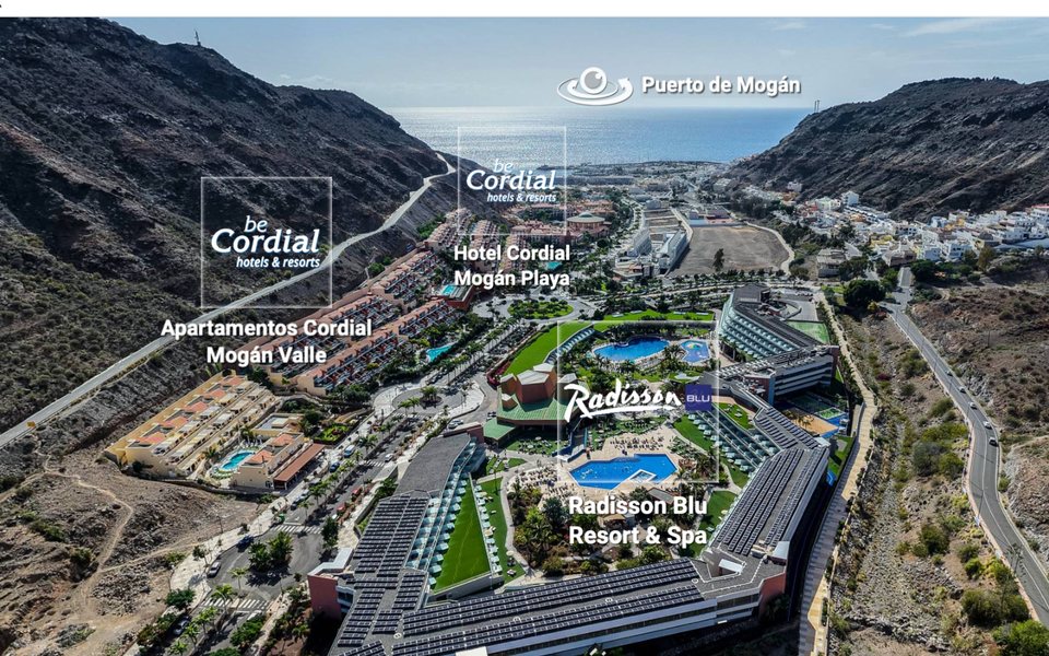 VistaLINX view of Puerto de Mogán with hotels positioned in the landscape
